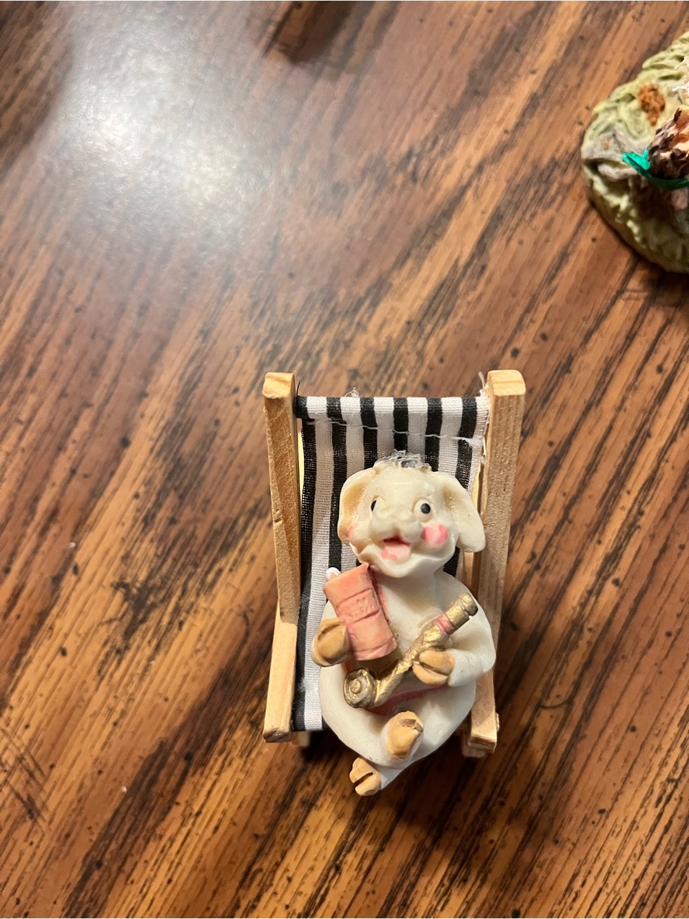 Source Unknown White Pig Figurine in Black-and-White Striped Deck Chair